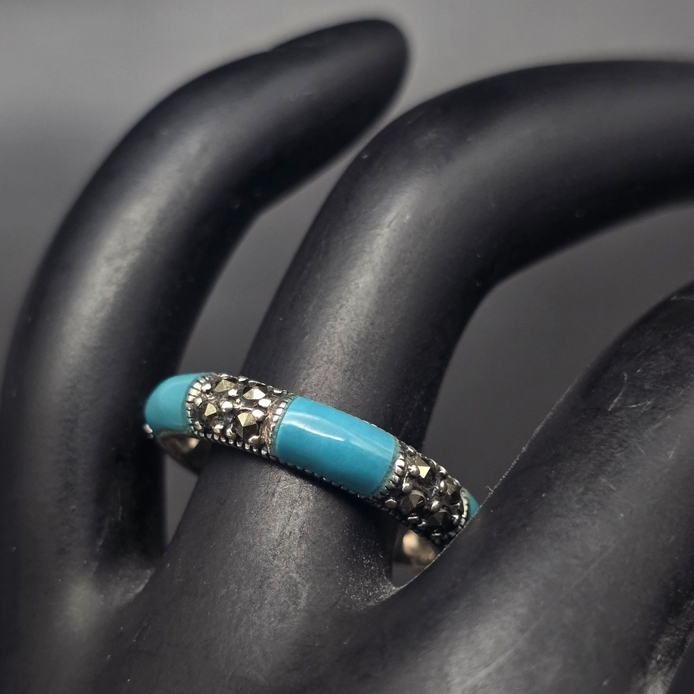 Sterling Silver Turquoise Ring Marcasite In Lay Size 7 A925